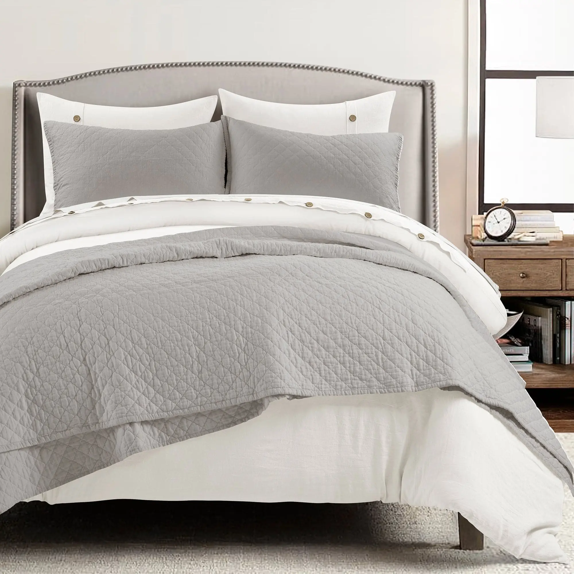 Lush Decor 3-Piece Belgian Flax Linen-Rich Cotton Blend Quilt Set, Decorative Bedding Set with Scandinavian Style
