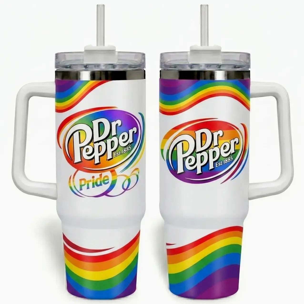 Dr Pepper Pride Month Rainbow Tumbler with Handle 40oz, LGBTQ Pride Flag Stainless Steel Insulated Cup, Colorful Soda Lover Travel Coffee Flask with Straw, Aesthetic White Vacuum Water Bottle, Cool Pop Beverage Merch, Unique Love Wins Gift