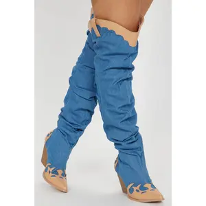 Wild West Rodeo Knee High Heeled Boots - Denim