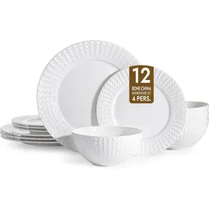 Dinnerware Set, 12- White Lightweight Porcelain for 4, Plates and Bowls with Rhombus patterned edge design, Microwave and Dishwasher Safe, for Family, Restaurant, Gifting