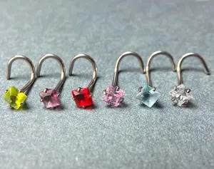 1pc Surgical Steel Nose Screw Ring w/Square Prong Set Gem 18g, 20g- choose color