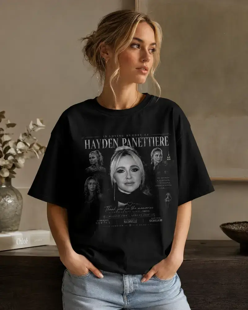 RIP Hayden Panettiere Tribute T-Shirt, Vintage Hollywood Memorial Graphic Tee, Black Unisex Celebrity Portrait Shirt, Classic Fan Gift, Casual Streetwear Top