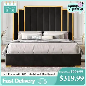 VanAcc Bed Frame and 65" Headboard, Upholstered Bed with Golden Plating Trim, Modern Platform Bed No Box Spring Needed/Christmas Gift