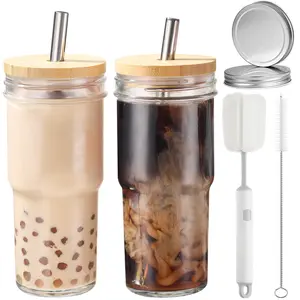 2 count 24 oz Glass Cups With  Lids and Straws & 2 Airtight Lids,  Smoothie Cup Mason Jar Drinking Glasses Iced Coffee Cups Glass Tumbler for Bubble , Juice,