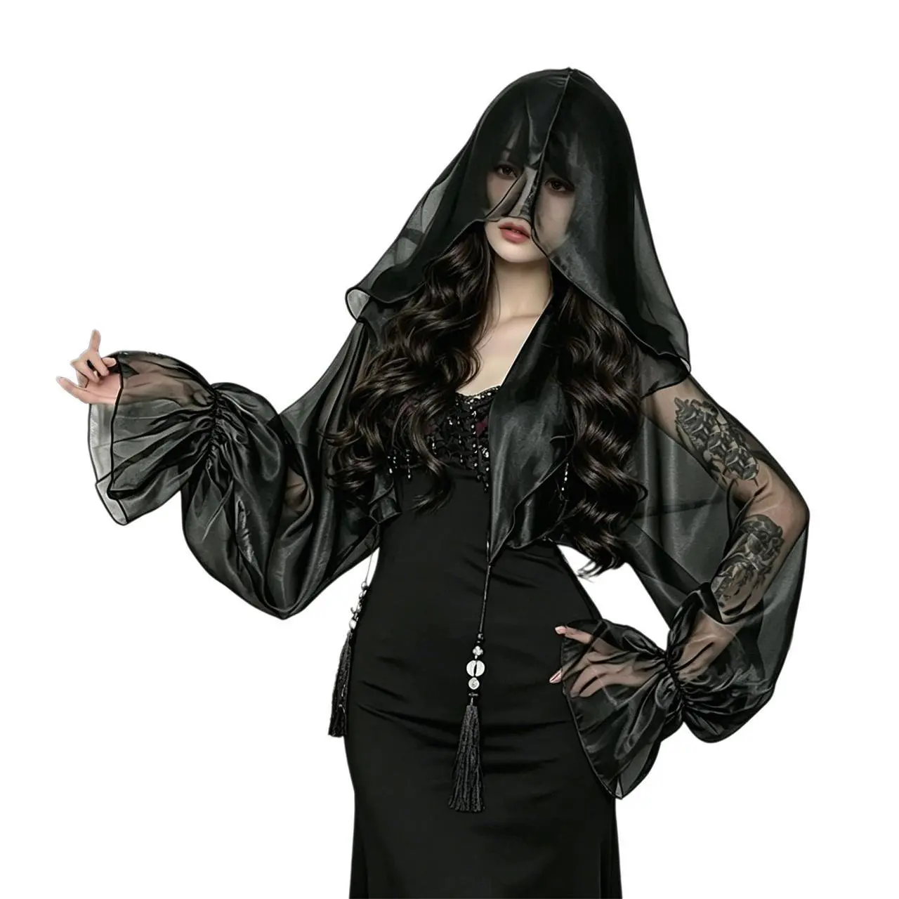 Women's Victorian Crop Cardigan Shrug - Black, Puff Long Sleeve, Hooded, See-Through, Baggy Bolero Knit Top with Premium Fabric, Fits Alt Goth Styles, Formal Bridal/Wedding Costumes & Accessories, Gowns, Dressy, Drawstring, Lacy, Outdoor, Halloween, Knitw