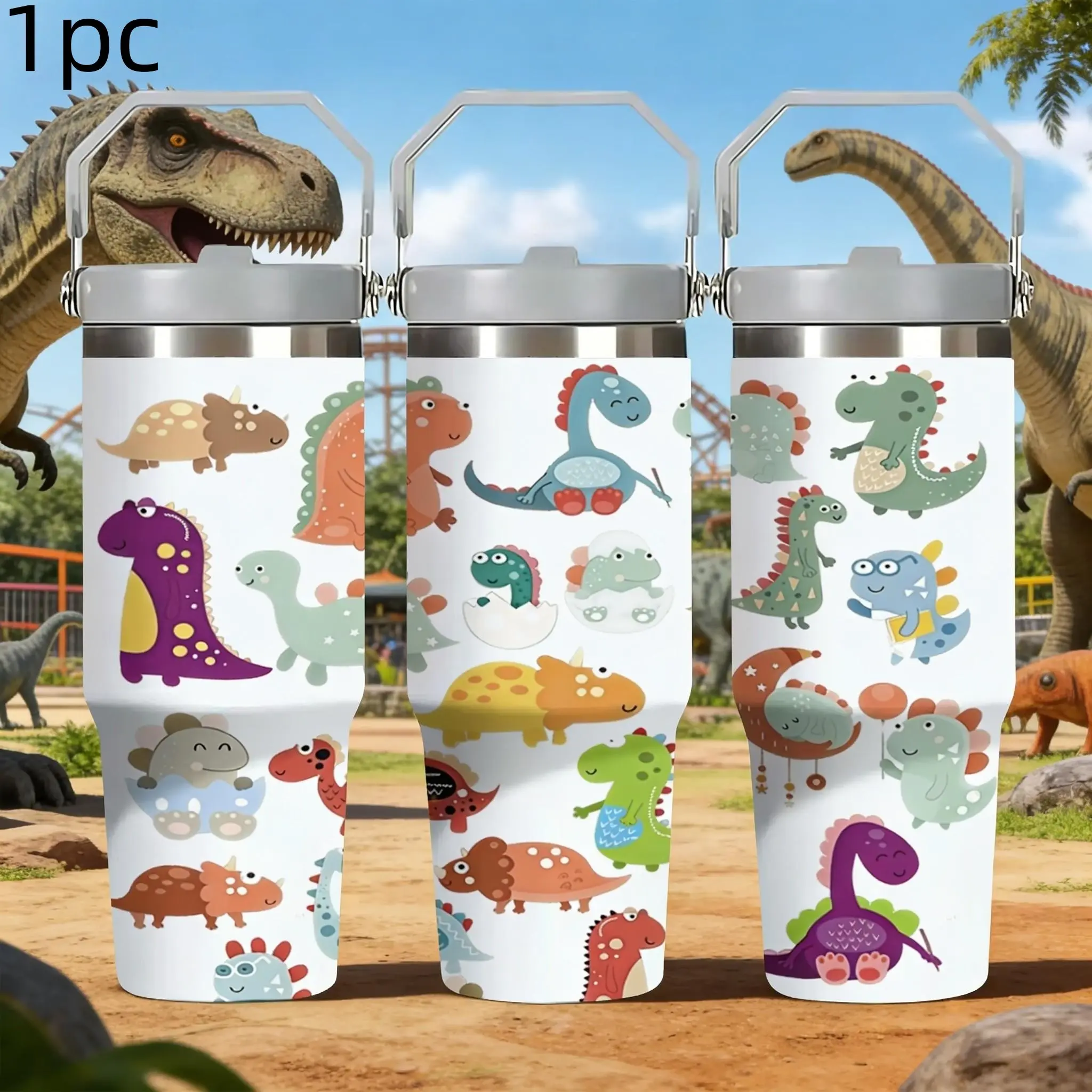 30oz Cute Dinosaur Portable Insulated Tumbler with Handle, Lid, Stainless Steel Vacuum Travel Mug, Travel Mugs Insulated For Hot And Cold, Leak-Proof Thermal Cup for School Outdoor, Flask Tumbler