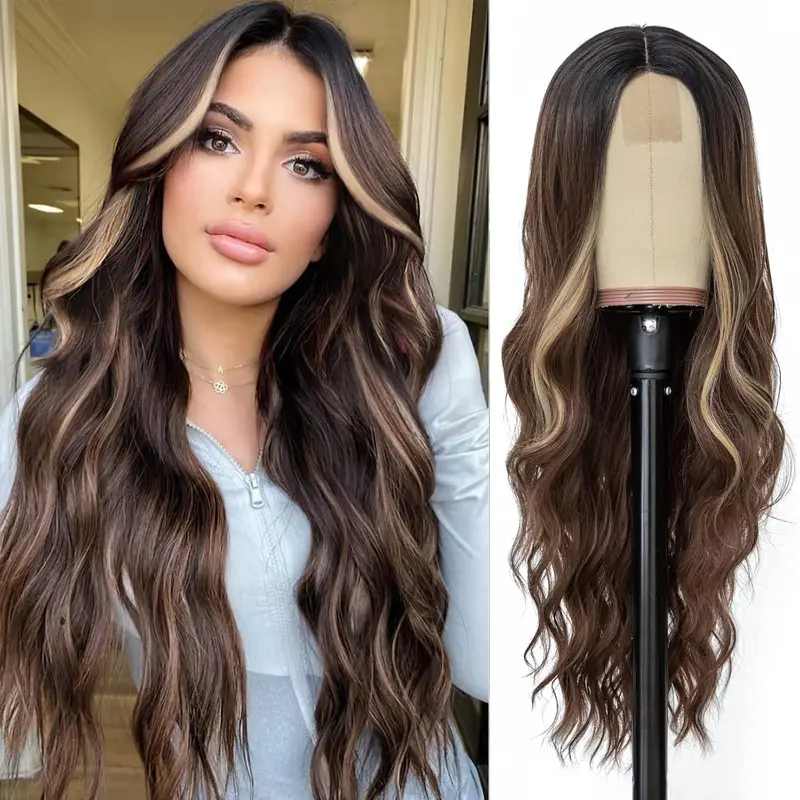 Long Wine Red Wigs for Women, Synthetic Curly Wavy Wigs 26 Inches, Middle Part Heat Resistant Fiber Wig for Daily Party Use