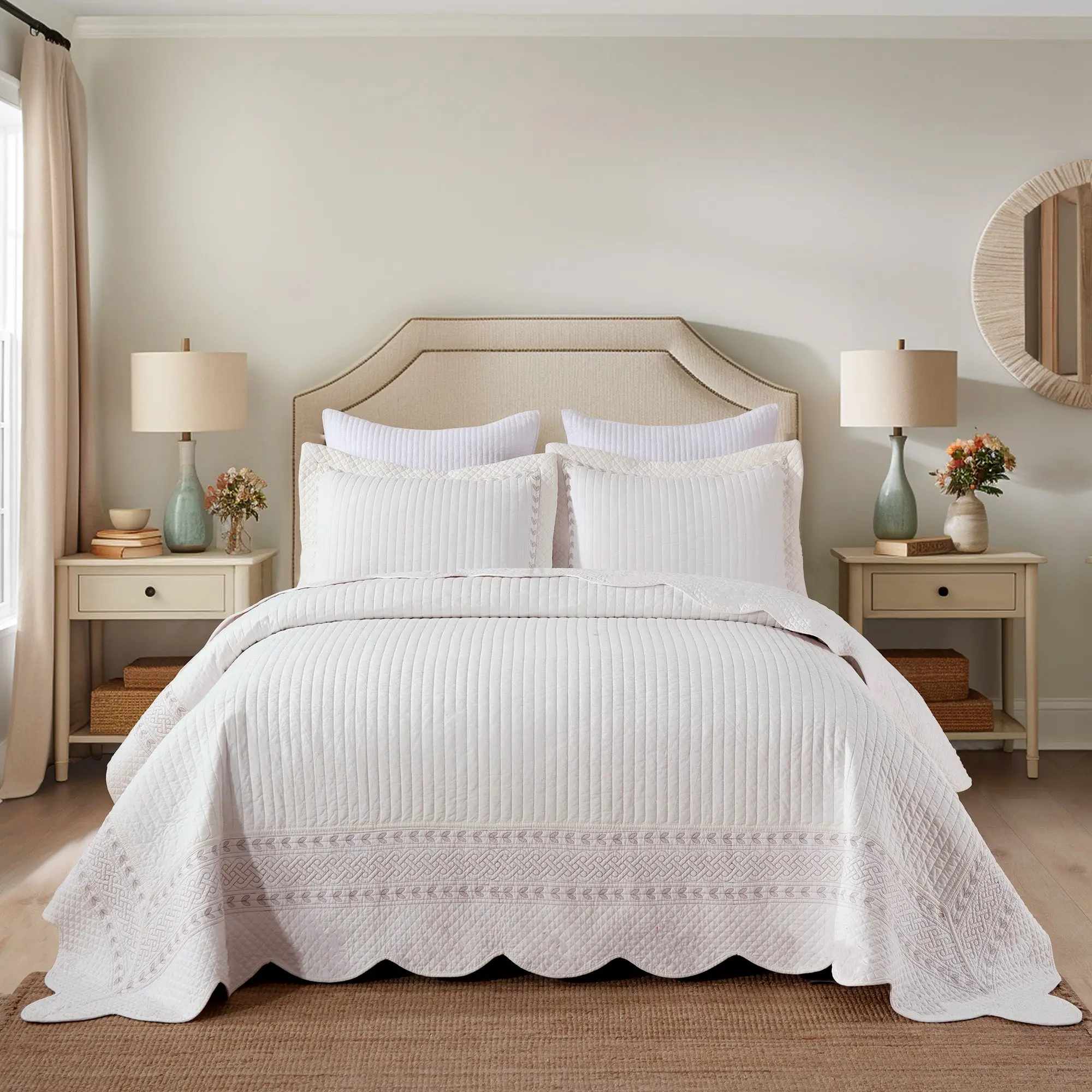 3-Piece 100% Cotton White Vertical Striped Quilted Bedspread Set - Quilt + Sham, Breathable Soft, Lightweight All-Seasons Bedding, Machinewash Easy, Modern Farmhouse Layering Decor