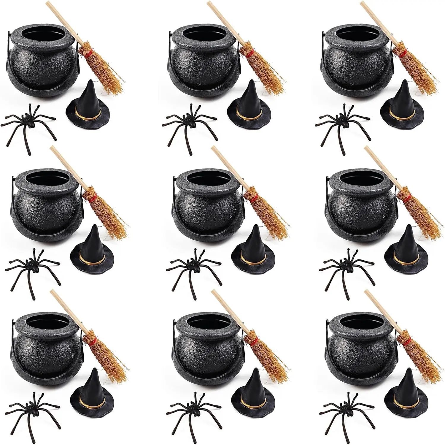 Halloween Fall Gift 48PCS Halloween Witch Cauldron Set- 12 Pack Plastic Black Candy Cauldron with Spider, Broom, Witch Hat for Halloween Dollhouse Craft Accessories Table Decoration Supply
