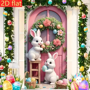 Easter Party Banner Decoration, Party Decoration Supplies, 2D Flat Outdoor Banners Door Sign (90-180cm), Polyester Material, Rabbit & Flower Design, Indoor Outdoor Use
