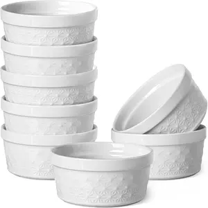 6 Oz Ramekins Oven Safe, Creme Brulee Ramekins Set of 8, Ceramic Souffle Dish, White Porcelain Snowflake Baking Bowls for Dessert, Pie, Tart, Souffles, Appetizers