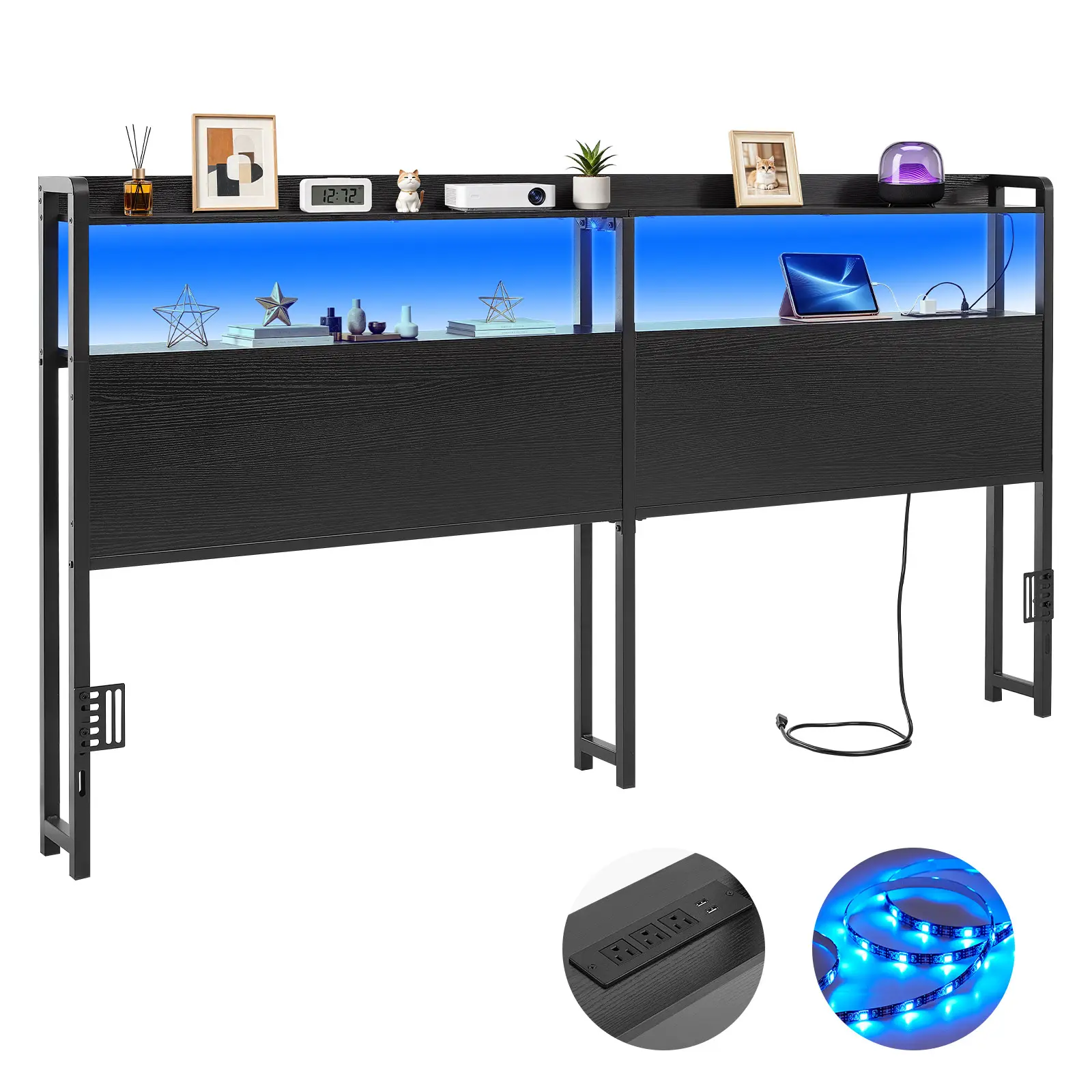 【SummerFinds】VEVOR Neutral Modern King Size Headboard, Carbon Steel Frame with 2 Storage Shelves, LED Light, 3 Outlets, 3 USB Ports, Charging Station, Adjustable Height, Sturdy, Black, Neutral Modern Headboards, Built-In Outlets Headboards, Charging St