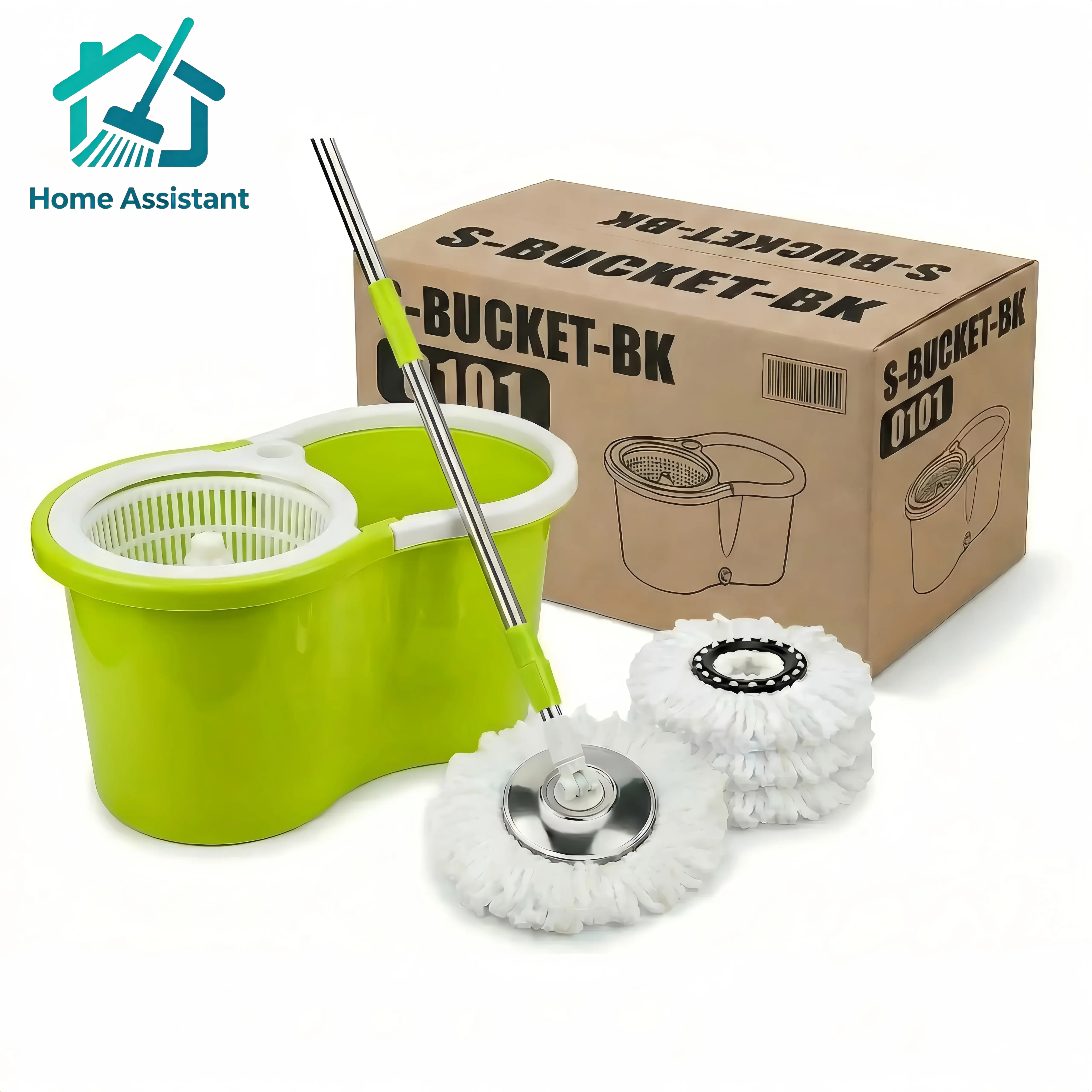Adjustable Telescopic Mop and Bucket Set with Wringer, 61" Extended Handle, 3 Washable Microfiber Refills, Sunflower Retractable Flexible Head - Green Vinyl Home Floor Cleaner (Plastic, Steel, Stainless Steel, Rubber Components)