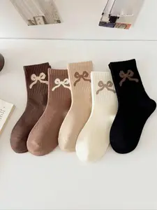Girls' Cute Bowknot Socks Set, Soft Warm Mid-Calf Socks, Elastic College Style Casual Socks, 5 Pairs, All Seasons