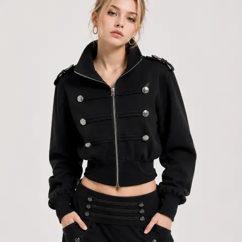 Aelfric Eden Napoleon Zip Up Jacket Napoleon Military Style Double-Breasted Metal Buttons Stand Collar Cropped Silhouette Structured Knit Fabric Y2K Women Edgy Outerwear