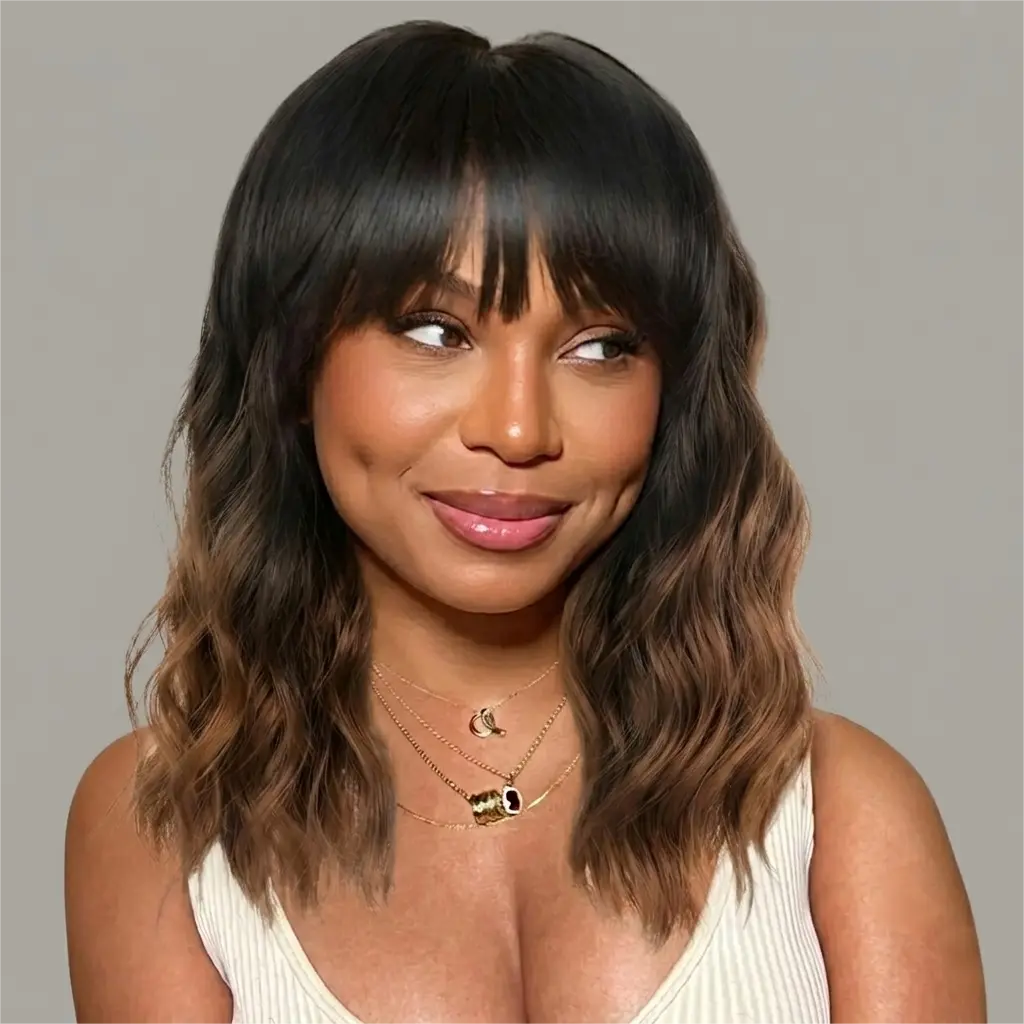 14" Ombre Brown Wavy Bob Wig with Bangs | Fluffy Water Wave Short Wig for Women | Glueless Throw-and-Go Daily Wear