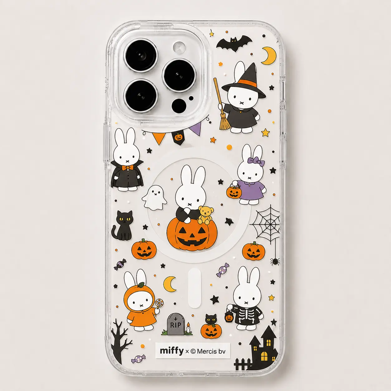 Miffy Halloween Clear Case for iPhone 11-17 Pro Max, Cute Pumpkin Spooky Witch Ghost Transparent Shockproof Cover, Wireless MagSafe-Compatible Cellphone Shell, Gift for Her