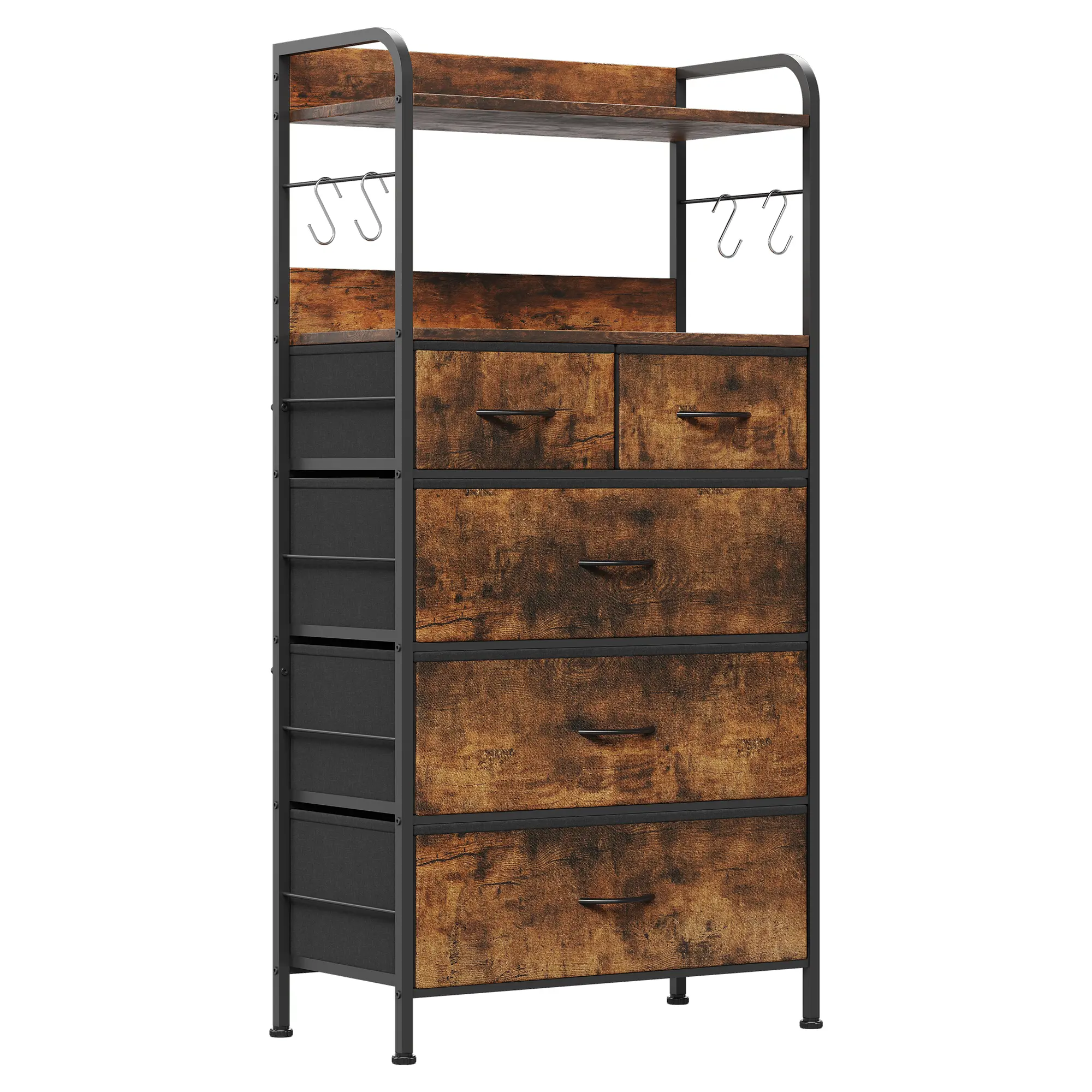 5-Drawer Fabric Dresser with Sturdy Metal Frame, Fabric Bins, Arched Handles and Adjustable Ft, Easy Setup, Versatile Organizer for Clothes and Essentials, Rustic Brown Indoor Furniture, Five Drawer Cabinets, Multi Drawer Cabinets