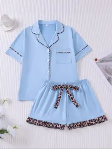 Women's Contrast Binding Pajama Two-piece Set, Short Sleeve Button Up Top & Elastic Shorts Pj Set, Casual Comfy Loungewear Set for Women, Nightwear Womenswear Outfit
