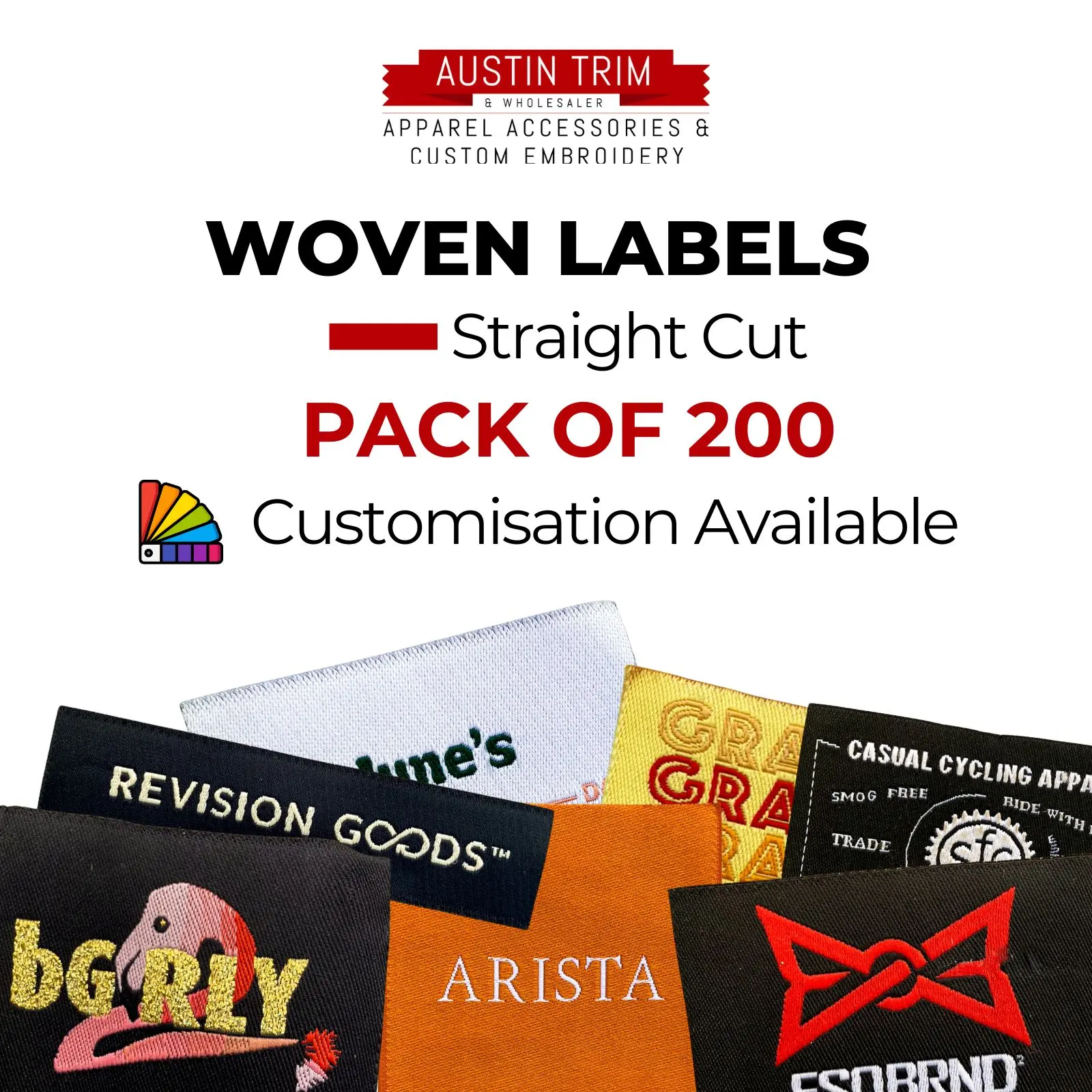 Personalized Woven Labels Wholesale Custom 200-Pack Straight Cut, 2 x 2 Size By Austintrim