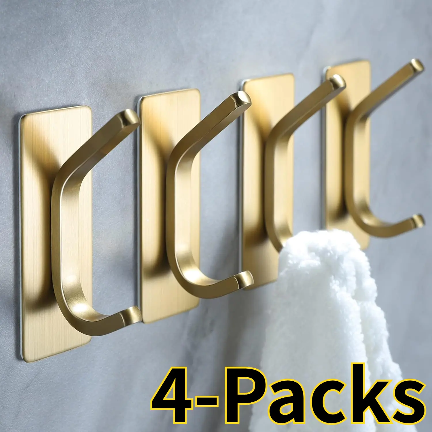 4-Pack Stainless Steel Towel Hooks/Adhesive Hooks - Without Drilling Brushed Gold Wall Bracket for Hanging Coat, Hat, Towel Robe , Bathroom and Bedroom Storage Rack (Max loading : 23 lb)