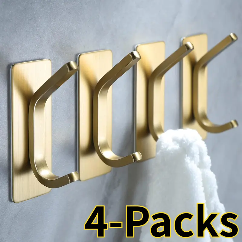 4-Pack Stainless Steel Towel Hooks/Adhesive Hooks - Without Drilling Brushed Gold Wall Bracket for Hanging Coat, Hat, Towel Robe , Bathroom and Bedroom Storage Rack (Max loading : 23 lb)