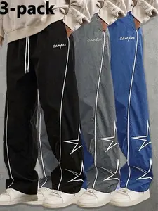 3-pack loose-fitting sweatpants for men. Star-patterned embroidered design for comfort. Sports casual bottoms. Workout pants. Streetwear. Autumn apparel. Men's fitness tracksuit. SpringStatements