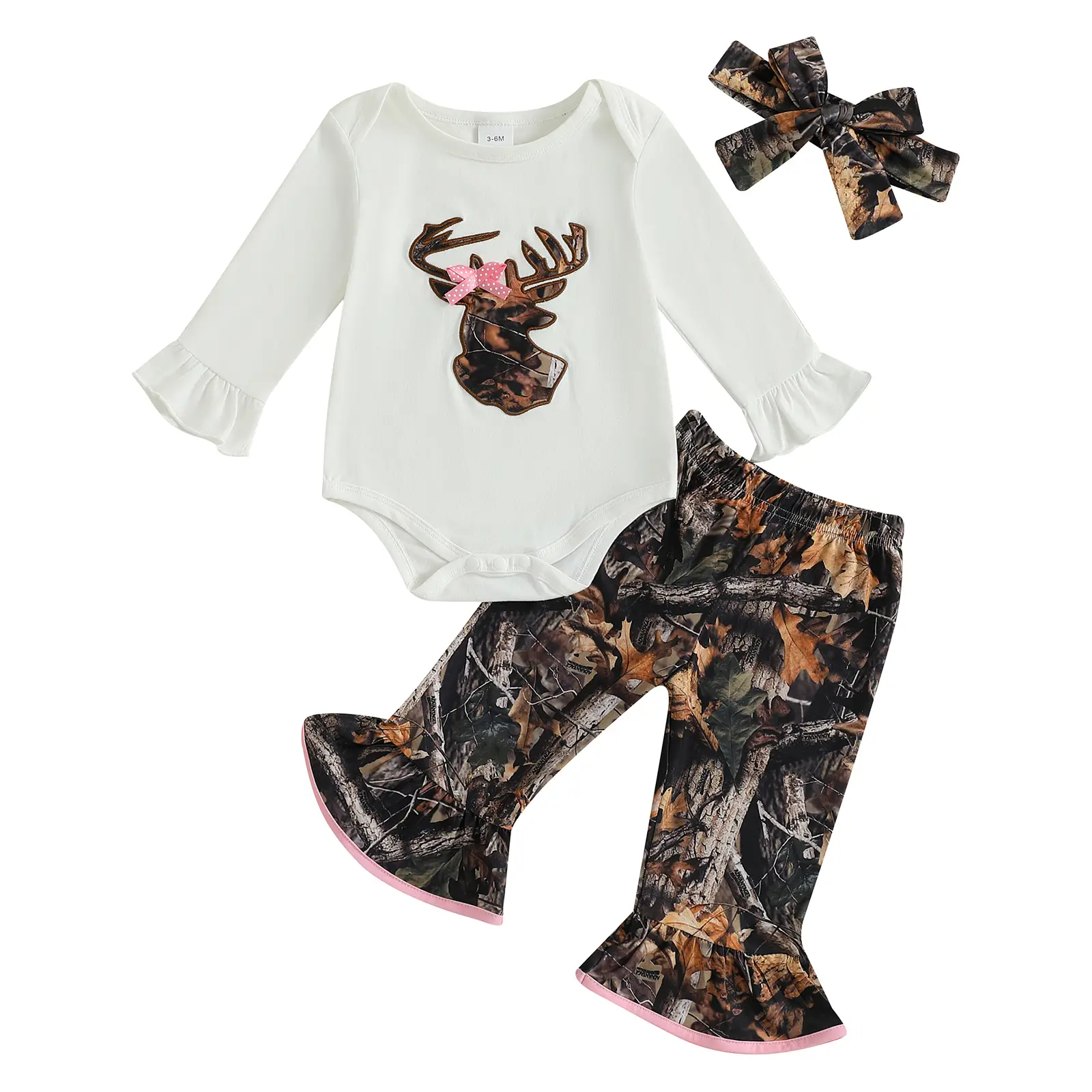 Newborn Baby Girl Hunting Clothes Deer Reindeer Head Embroidery Long Sleeve Romper Camo Jungle Flare Pants Set Fall Winter Outfits
