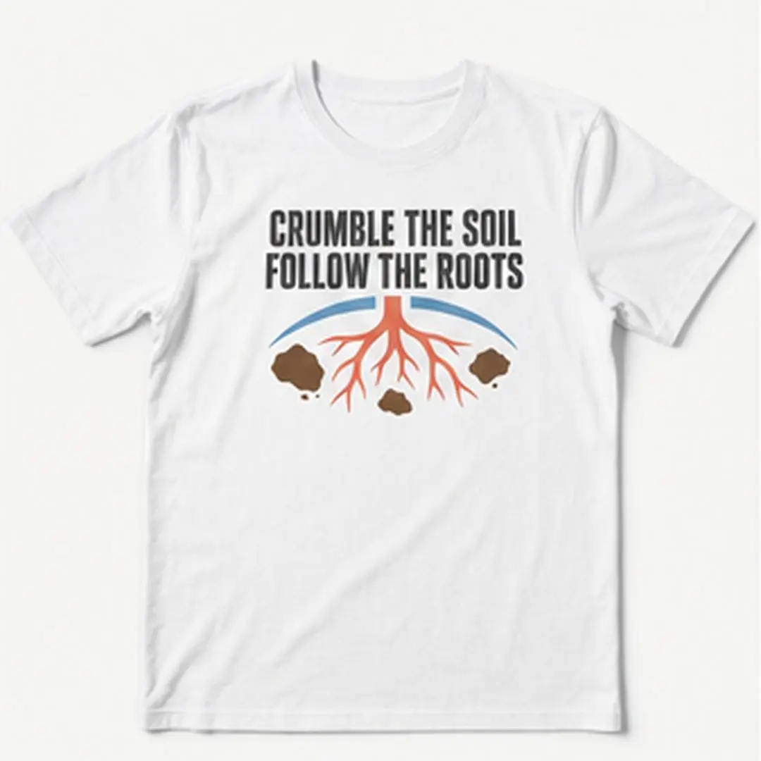 CRUMBLE THE SOIL FOLLOW THE ROOTS Men's White Graphic T-Shirt Short Sleeve Crew Neck Cotton Blend for Men Who Love Gardening Soil Testing and Root Health original statement print casual everyday tee weekend outfit seasonal style outdoor