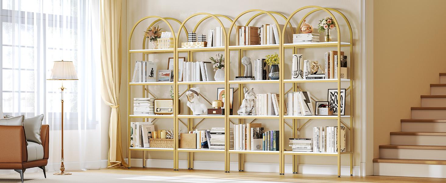 DWVO Gold Bookshelf and Bookcase, Tall Modern Open Arched Book Shelf, Freestanding Storage Display Rack Shelves for Living Room,Office,White&Gold