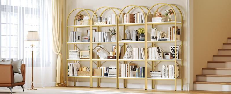 DWVO Gold Bookshelf and Bookcase, Tall Modern Open Arched Book Shelf, Freestanding Storage Display Rack Shelves for Living Room,Office,White&Gold
