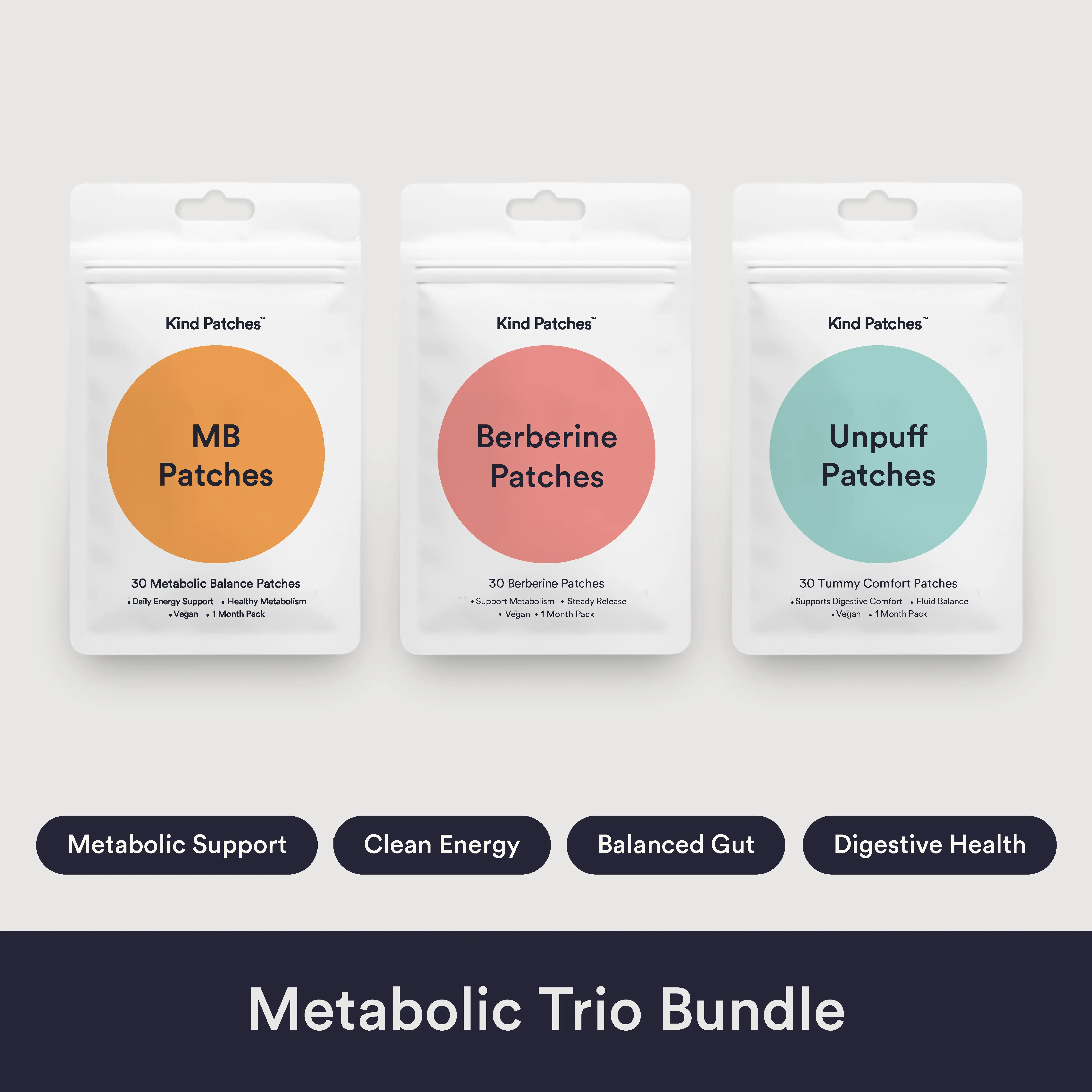 Kind Patches Metabolic Trio Bundle, MB Patches + Berberine Patches + Unpuff Patches, Metabolic Support, Clean Energy, Balanced Gut, Digestive Health,