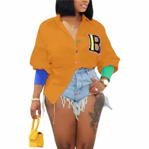 Orange Button-Front Shirt with Colorblock Sleeves and Letter 'B' Design