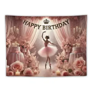 Dreamy Ballet Birthday Tapestries - Pink Tutu Dancer Curtain Rose Banner Happy Birthday for Romantic Spaces