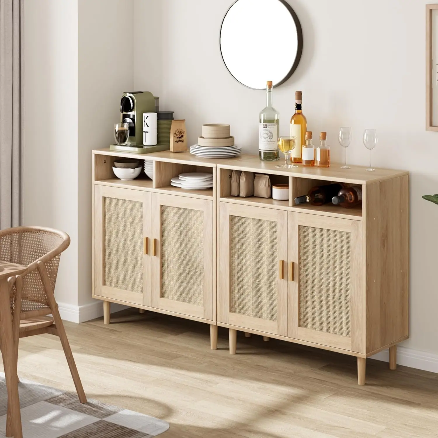 2-Set Natural Finish Rattan Sideboard Cabinet - Modern Farmhouse Multi-Functional Buffet with 2 Doors, 1 Adjustable Shelf, Handwoven Boho Storage, 150 lb Capacity, Tool-Free Snap Assembly, TV Stand, Coffee Bar Station for Kitchen, Dining Room, Modern Ratt
