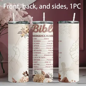 1pc 20oz stainless steel water bottle with printed Bible emergency number and floral style design Vacuum Insulated Tumbler Insulated Travel Drinkware. Suitable for fitness, travel, driving and daily use at home. A great gift for family and friends.