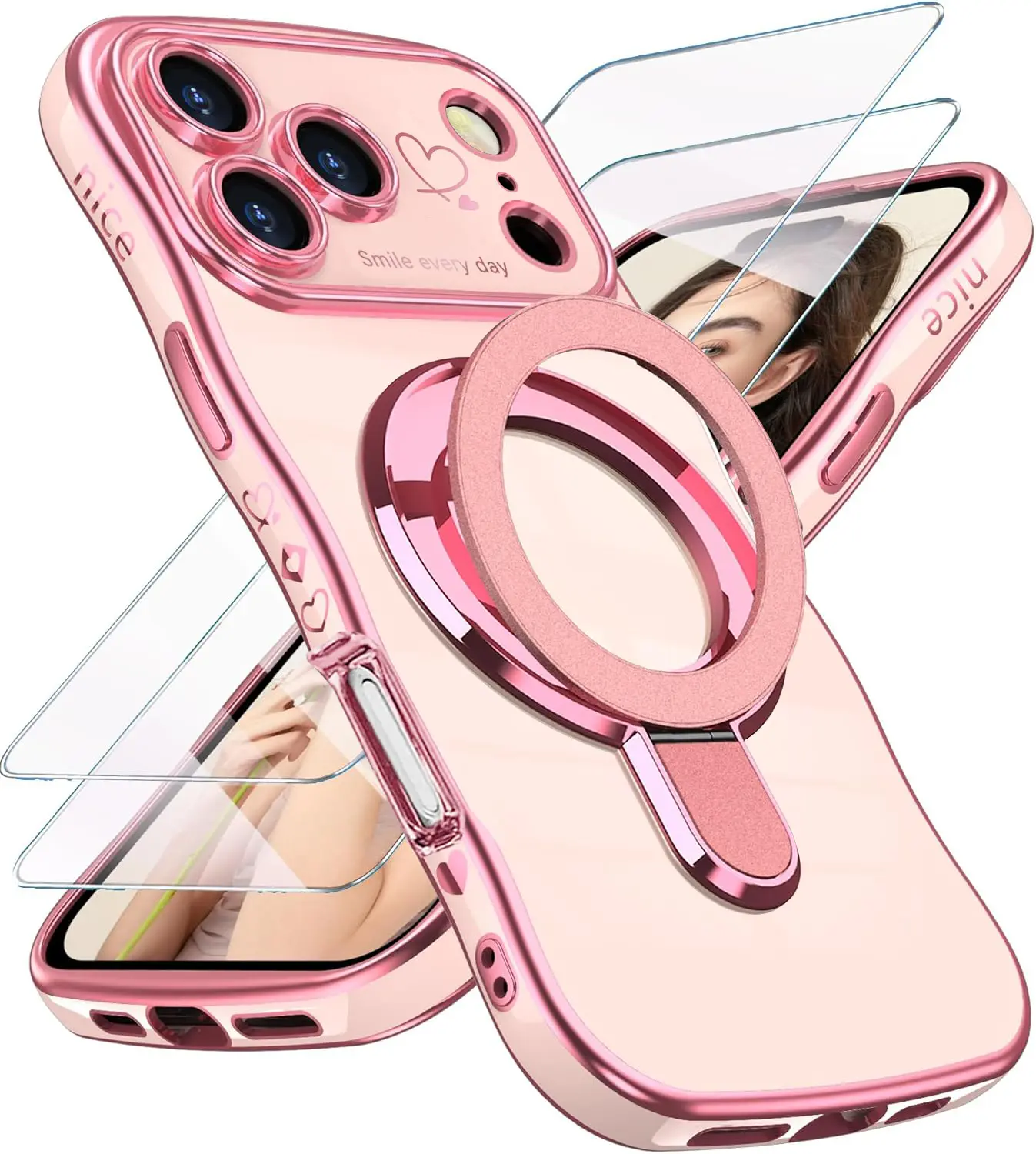 for iPhone 17 Pro Max Love Heart Kickstand Case with 2X Screen Protector: Luxury Plated Gold Edge Slim Soft TPU Shockproof Protection Case Cover for iPhone 17 Pro Max (Pink)