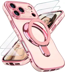 for iPhone 17 Pro Love Heart Kickstand Case with 2X Screen Protector: Luxury Plated Gold Edge Slim Soft TPU Shockproof Protection Case Cover for iPhone 17 Pro (Pink)