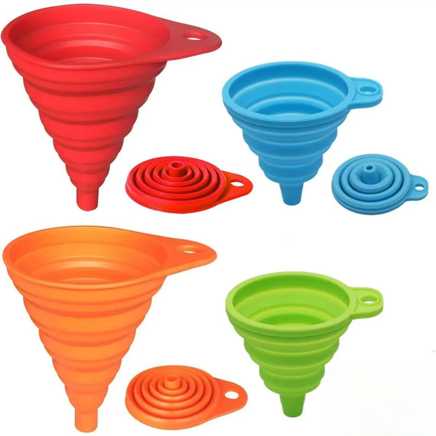 4-Pack Food Grade Silicone Kitchen Funnel Set - Foldable Collapsible Funnel, Durable Heat Resistant Small & Large (4.3x3.4x0.6in) Cooking Utensils, Safe for Family, Metal Storage Kitchen Gadgets for Liquid Transfer, -70°F To 482°F