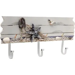 3 Hook Coastal Style Wall Mounted Entryway Coat Rack, Decorative Nautical Beach Starfish and Seashell Theme  Panel with White Metal Jacket Hanging Hooks