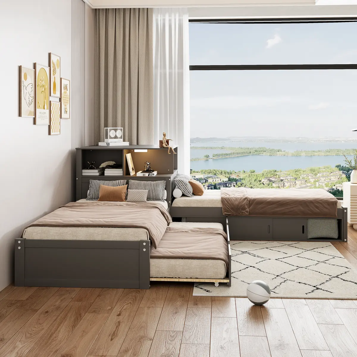 Twin Size L-Shaped Platform Bed Frame with Storage Cabinets,Desk,Trundle and LED Light, No Box Spring Needed