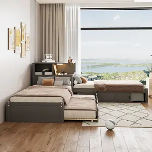 Twin Size L-Shaped Platform Bed Frame with Storage Cabinets,Desk,Trundle and LED Light, No Box Spring Needed