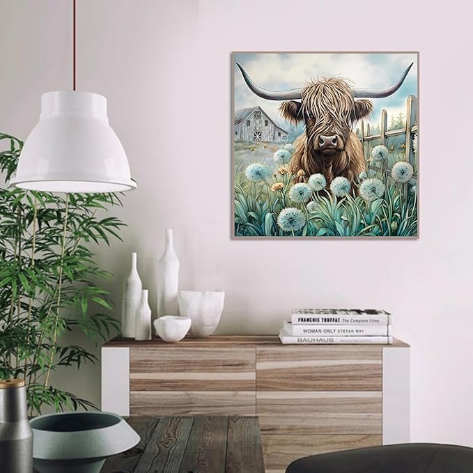 Highland Cow Dandelion Diamond Painting Kit - Farmhouse Rhinestone Art, Full Drill DIY Wall Decor