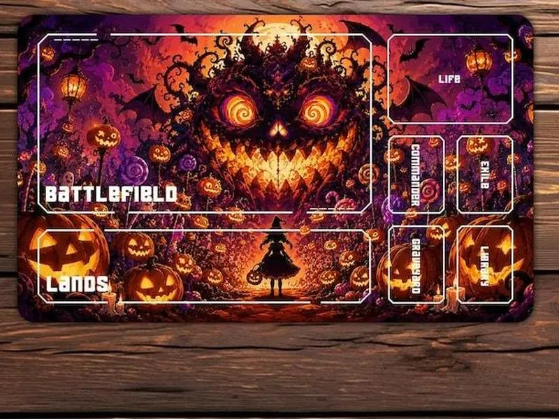 MTG Trading Card Playmat，Gothic Fantasy Game Mat, Premium TCG Playmat for Commander Card Games，Haunted Pumpkin Kingdom
