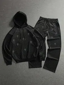 Rhinestone Cross Set Hoodie + Long Pants, Hooded Sweatshirt Set, Sparkle Decor Style for Night Out & Urban Casual Wear, Loose-Fit Streetwear