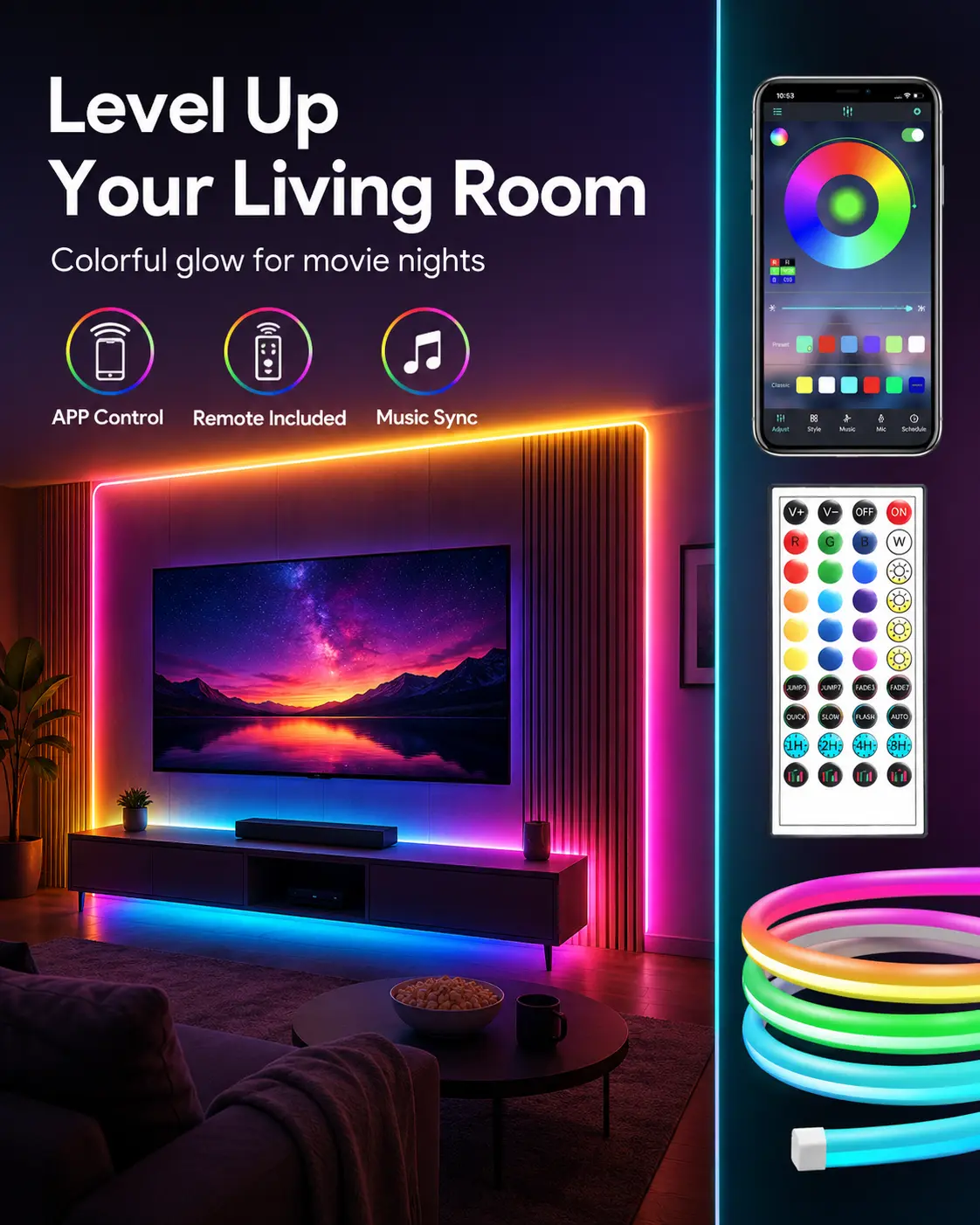 1Premium Silicone Cuttable RGB LED Strip Lights (RGB Lights) - 16M+ Colors, APP Control, Included Remote, IP65 Waterproof, USB Powered, Soft Glow for Cozy Indoor Vibe