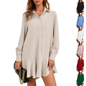 ARTFREE Womens Casual Button Down Shirt Dress Long Sleeve Collared Pleated Swing Mini Dresses