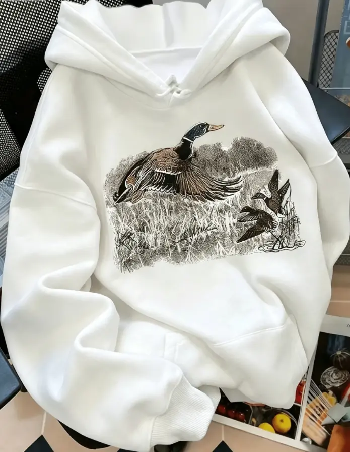 Vintage Mallard Duck Wetland Scene Front Print Fleece Pullover Hoodie, Outdoor Hunting Nature Wildlife Long Sleeve Sweatshirt For All Seasons
