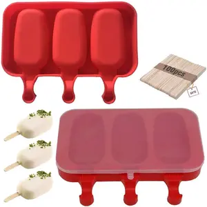 Homemade Popsicle  Molds with Lid Popsicle Molds , Ice Pop Molds with 3 Cavities, Cake,Ice Cream and Popsicle Maker Easy Release with 100 Popsicle Sticks (Set of 2 Red)