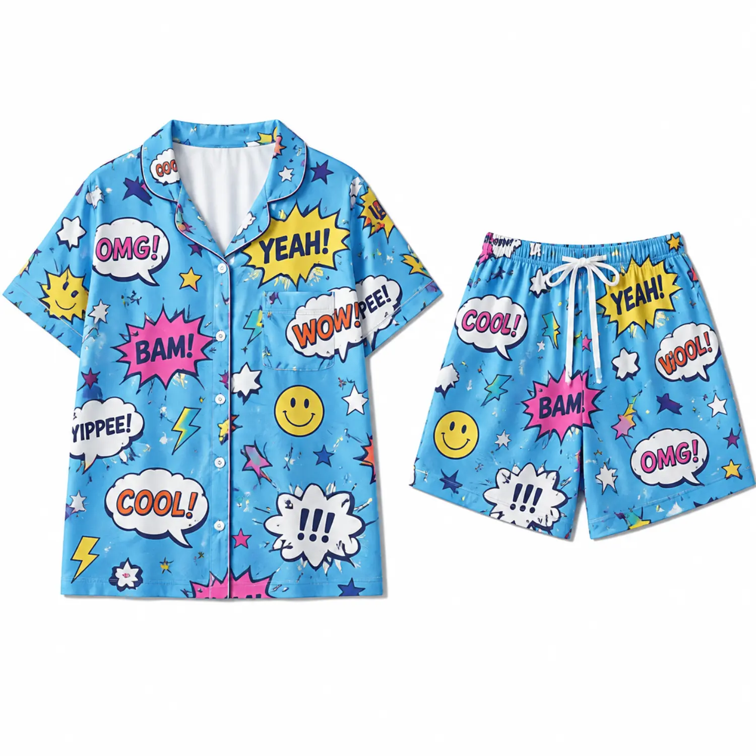 Blue Comic Print Pajama Set, Short Sleeve Button Front Top with Collar and Drawstring Shorts, Fun Sleepwear for Relaxing Nights